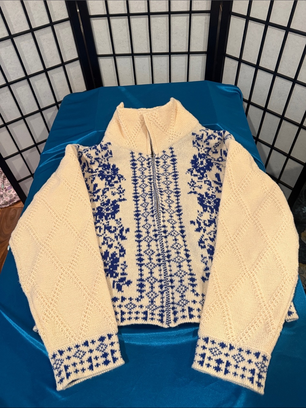 Cream & Blue Fair Isle Half-Zip Turtleneck Sweater
